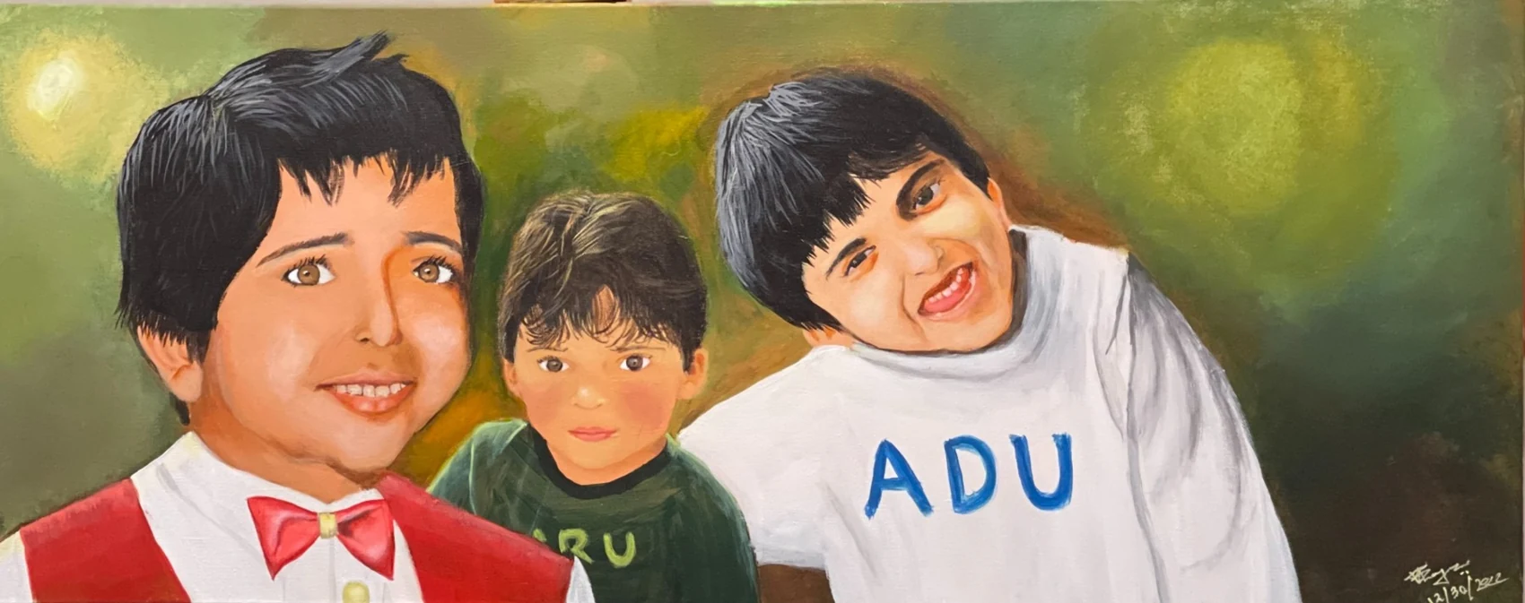 Oil on canvas portrait of three children against a warm green bokeh background, signed by the artist