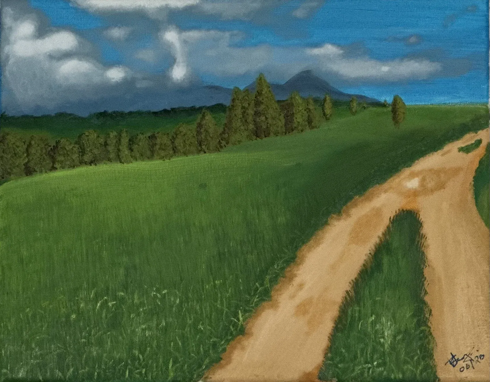 Oil on canvas landscape: a dirt track curving through green hill meadows toward a distant mountain under a blue sky with cumulus cloud