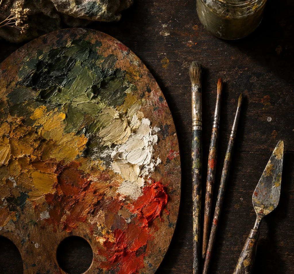 An artist's palette loaded with mixed paint beside worn brushes