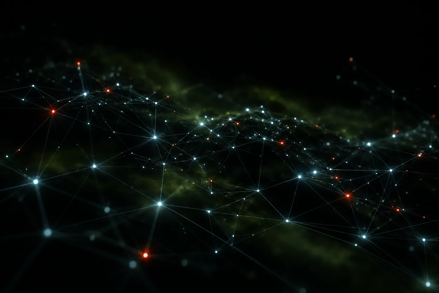 Abstract visualisation of an interconnected security mesh, with luminous nodes and light paths in deep space